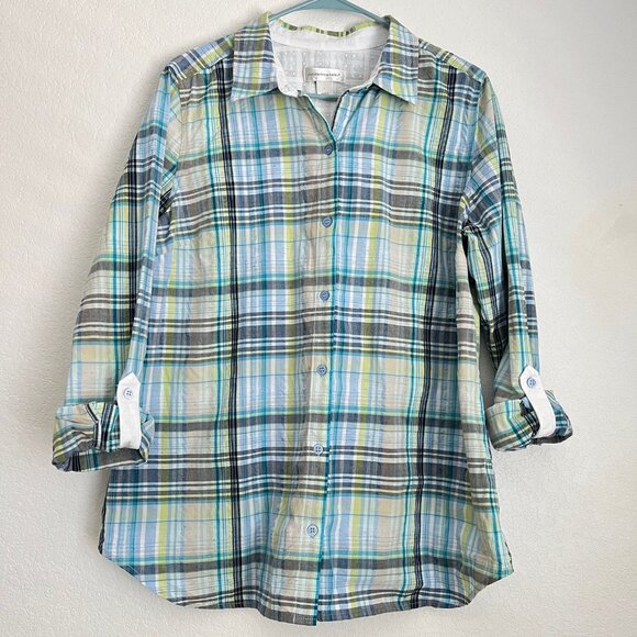 Christopher & Banks Button Down Plaid Shirt, Blue and Green, Size L - Picture 1 of 8